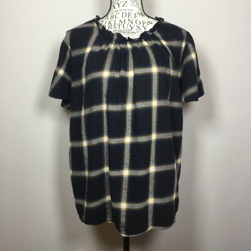 Western prairie cotton plaid top ruffle neck black orange grey short sleeve L